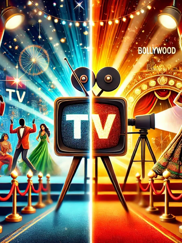 DALL·E 2024-09-22 08.43.21 - A vibrant cover image for a web story titled 'TV Se Bollywood Tak'. The image should show a split screen where the left side depicts a TV with actors