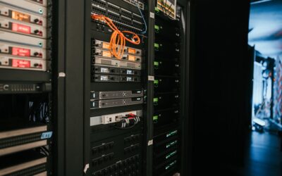 a rack of servers in a server room