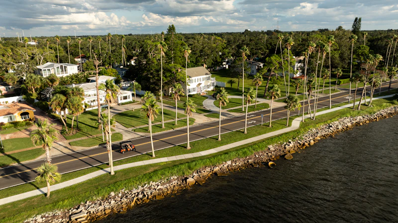 An aerial view of a street lined with palm trees