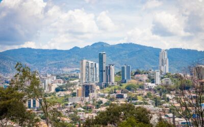 a view of a city with mountains in the background