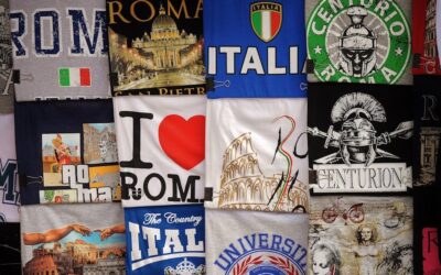 A vibrant assortment of Italian-themed graphic T-shirts showcasing classic designs and iconic landmarks.