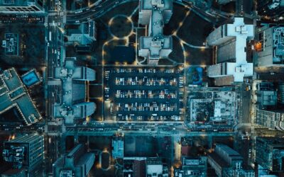 An aerial view of a city at night