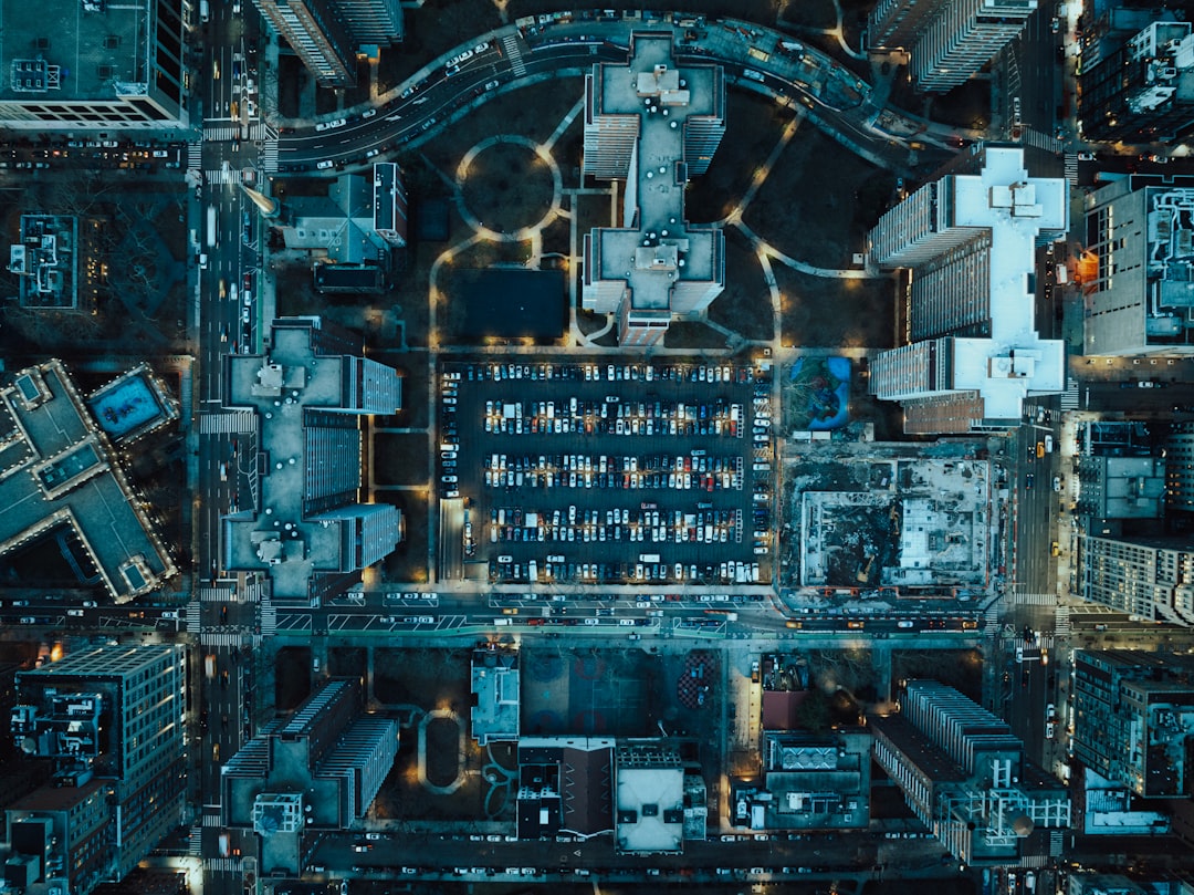 An aerial view of a city at night