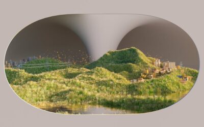 Surreal AI-rendered landscape blending nature with modern city elements.