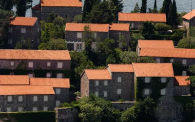 an aerial view of a village with orange roofs