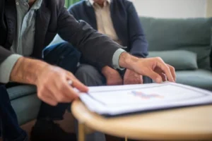 Two men discussing documents during a business meeting, focusing on paperwork.