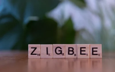 A wooden block spelling zigbee on a table