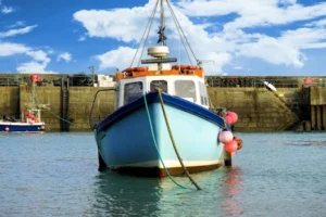 Colorful fishing boats moored at a scenic harbor under a bright sky.
