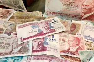 Turkish Lira banknotes of various denominations displayed, showcasing historical currency.