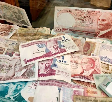 Turkish Lira banknotes of various denominations displayed, showcasing historical currency.