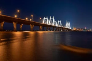 Stunning view of the illuminated Bandra-Worli Sea Link in Mumbai at night.