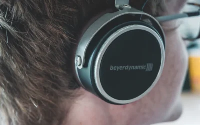 black and gray Beyerdynamic headphones