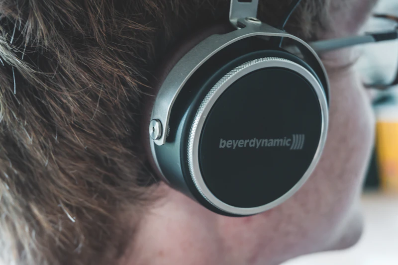 black and gray Beyerdynamic headphones