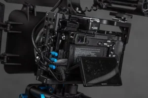 Detailed view of a professional video camera with rig and cables.