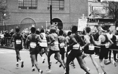 grayscale photo of men running on marathon