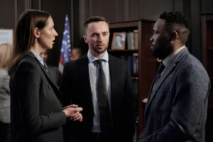 Group of business professionals engaged in a serious discussion inside an office environment.