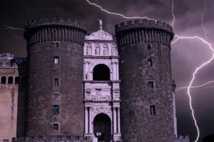a castle with a lot of lightning in the sky
