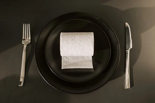 Creative still life setup of a dinner plate with a toilet paper roll, fork, and knife.