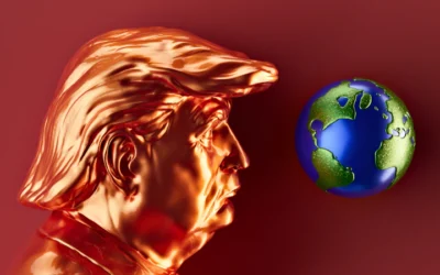 A golden trump looks at planet earth.