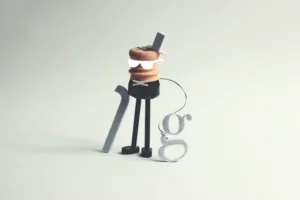 A whimsical character with a cane and letter 'g' accessory.