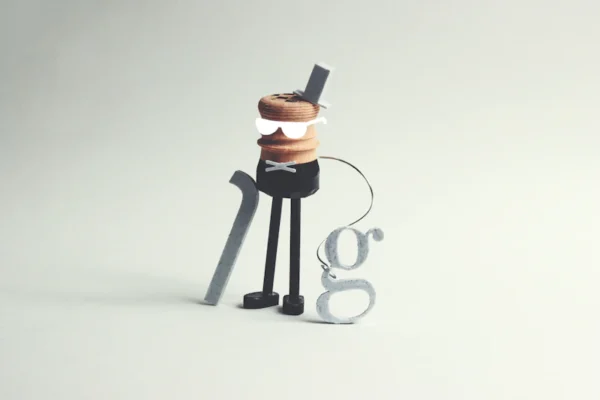 A whimsical character with a cane and letter 'g' accessory.