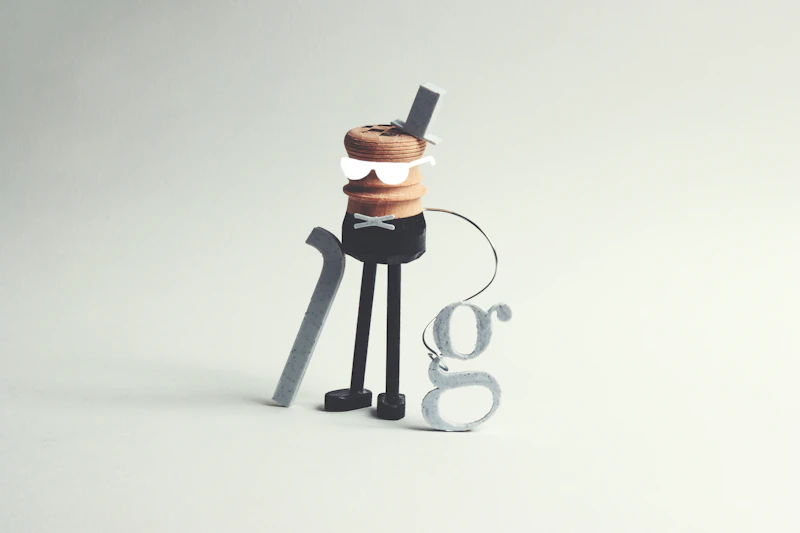A whimsical character with a cane and letter 'g' accessory.