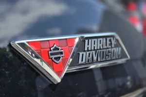 Sharp close-up of a Harley-Davidson motorcycle emblem, featuring bold red and black design.