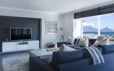 Stylish living room with a view of Table Mountain, blending modern design with natural beauty.