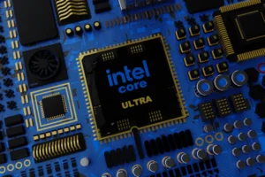 a close up of a computer chip with the intel core logo on it