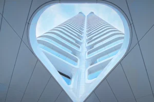 a very tall building with a sky background