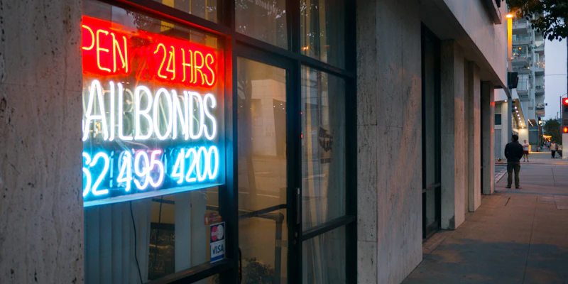 Neon sign for a bail bond business.