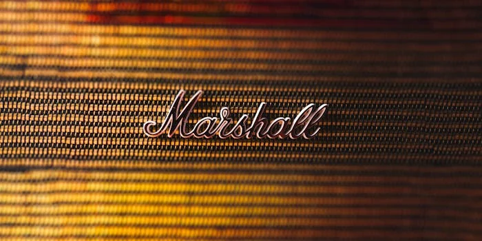 Detailed close-up of a Marshall speaker logo showcasing its classic design.