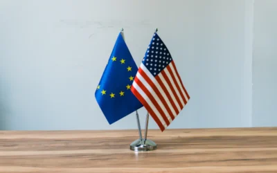 European union and us flags on a table