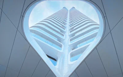 a very tall building with a sky background