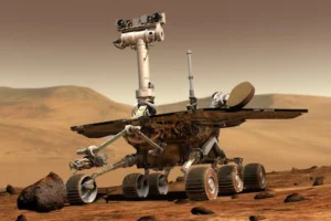 Mars exploration rover conducting research on Martian surface, showcasing technology and science.