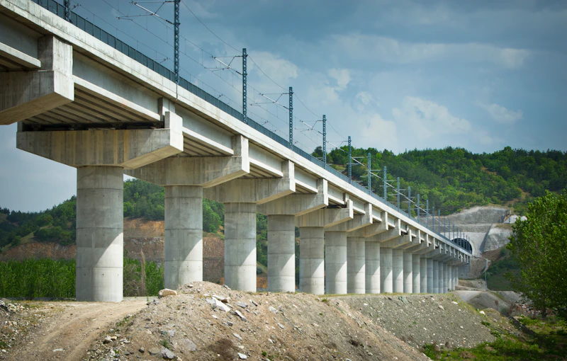 Elevated train tracks crossing a rural landscape