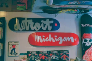 Two skateboards with detroit michigan text