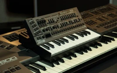 Stacked electronic synthesizer keyboards with control panels for music production.