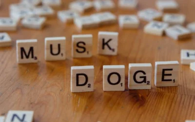 Scrabble tiles spelling 'DOGE' and 'MUSK' on a wooden table, highlighting internet culture and cryptocurrency.