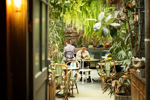 A cozy cafe in Alexandria, NSW, surrounded by lush plants and natural light.