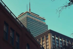Architectural view of Boston's Prudential Tower during the day.