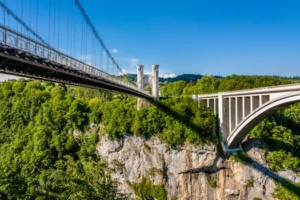 Aerial view of dual bridges spanning a lush green canyon, showcasing architectural contrast.