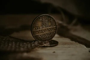a close up of a coin on a table
