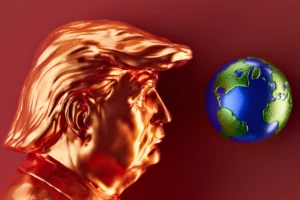 A golden trump looks at planet earth.