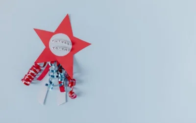 Red star with 'Future Voter' text and ribbons on a pastel blue background.