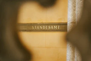 Close-up of the 'Standesamt' sign at the Zittau City Hall, Germany.