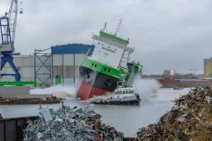 Dramatic ship launch in Niedersachsen shipyard with industrial background.