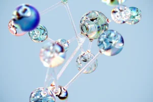 Flowing glass-like molecular structure in blue. Conceptual digital art with a tech twist.