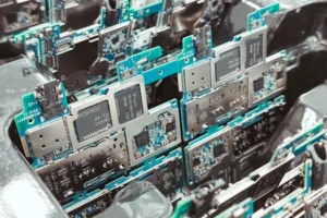Close-up of intricate circuit boards in a Vietnamese factory, capturing modern electronics production.